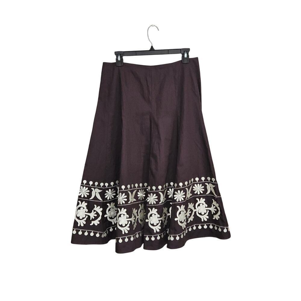 NWT! Sunny Leigh Midi Embroidered A Line Brown Skirt Size 10 Medium 100% Cotton